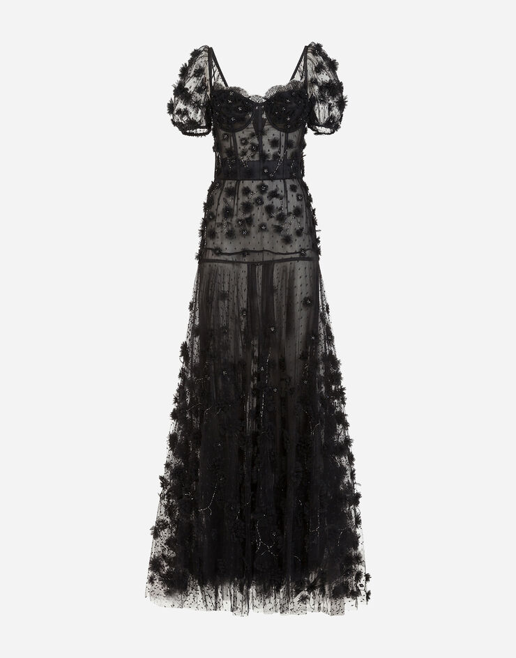 Dolce & Gabbana Vestido largo en tul con lentejuelas y pequeñas flores bordadas a mano Multicolor F6J2GZGD0I8