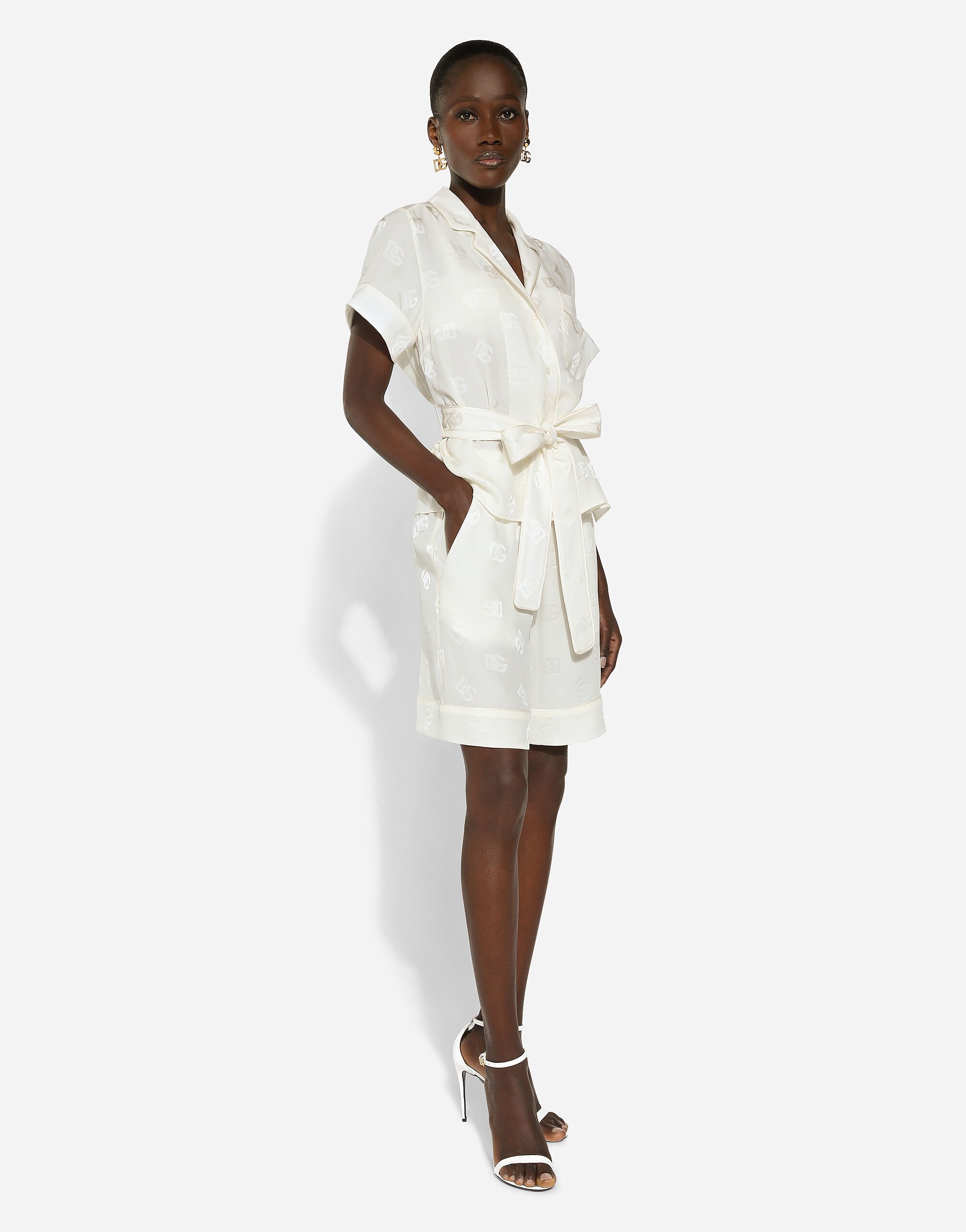 Short-sleeved silk satin jacquard pajama shirt with DG logo