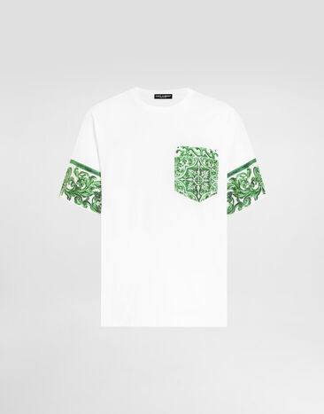Dolce & Gabbana T-shirt en coton avec poche poitrine imprimée majoliques Blanc G8SB2TG7NUN