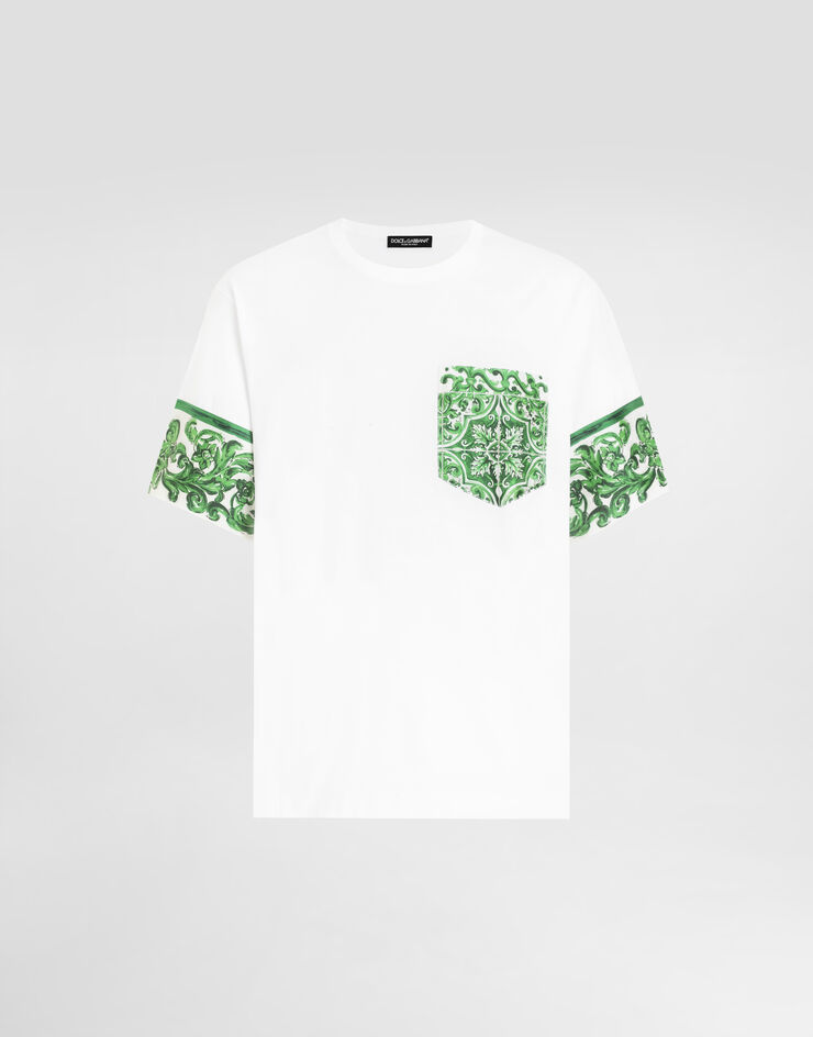 Dolce & Gabbana T-shirt en coton avec poche poitrine imprimée majoliques Blanc G8SB2TG7NUN
