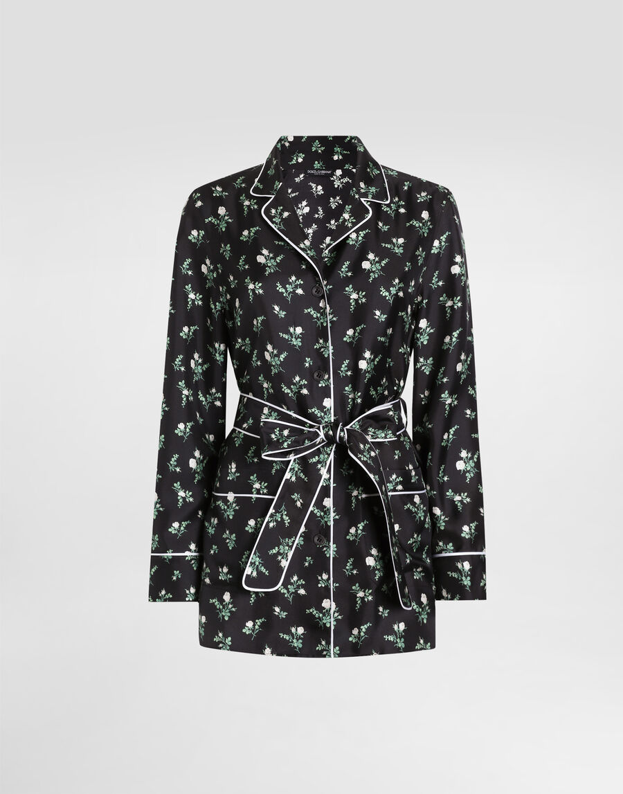 Roses and lilies of the valley-print twill shirt