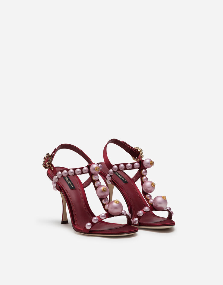 Dolce & Gabbana BEJEWELED SATIN SANDALS WITH PEARL EMBROIDERY BURGUNDY CR0887AJ695