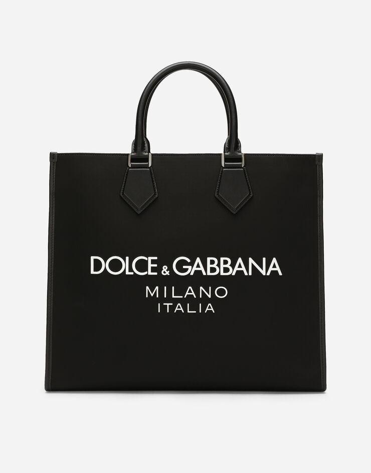 Dolce & Gabbana Großer Shopper aus Nylon mit gummiertem Logo Schwarz BM2271AG182