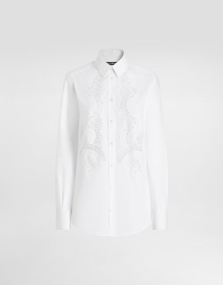 Dolce & Gabbana Bluse aus Baumwollpopeline mit Spitzeneinsatz Weiss F5T32TFUEAJ