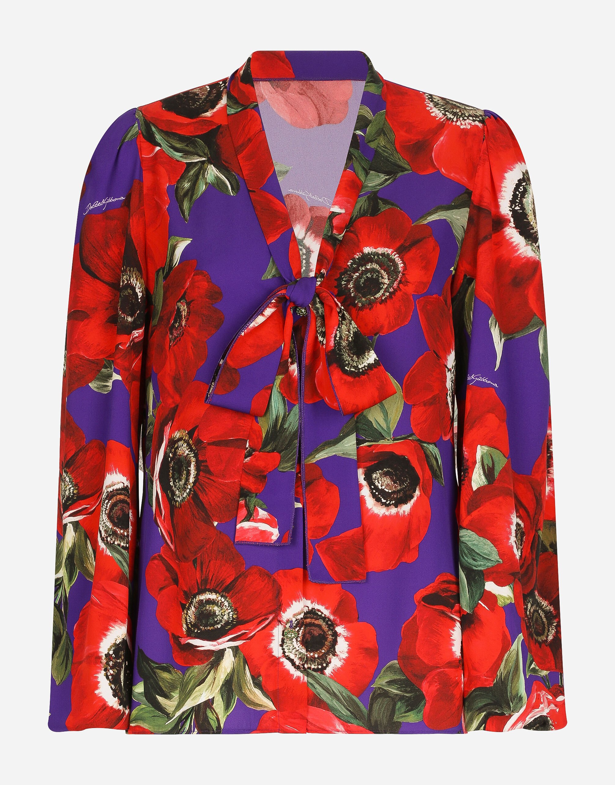 Dolce & Gabbana Camicia in charmeuse stampa fiore anemone Nero F761RTFJTBR