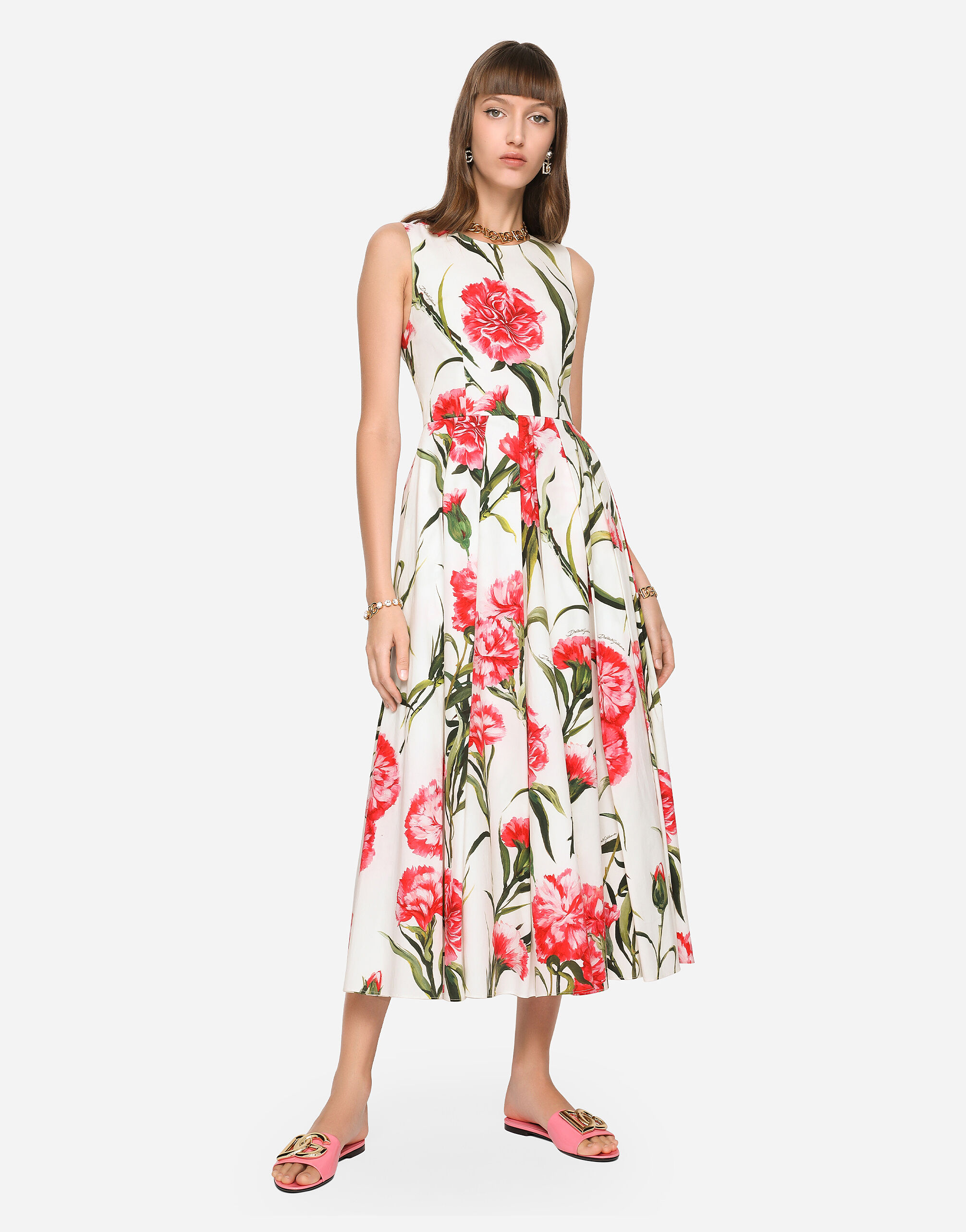DOLCE&GABBANA 花柄 レース フレア ドレス ワンピース 膝丈 赤 マルチカラーのウィメンズ ロンゲットドレス カーネーションプリント