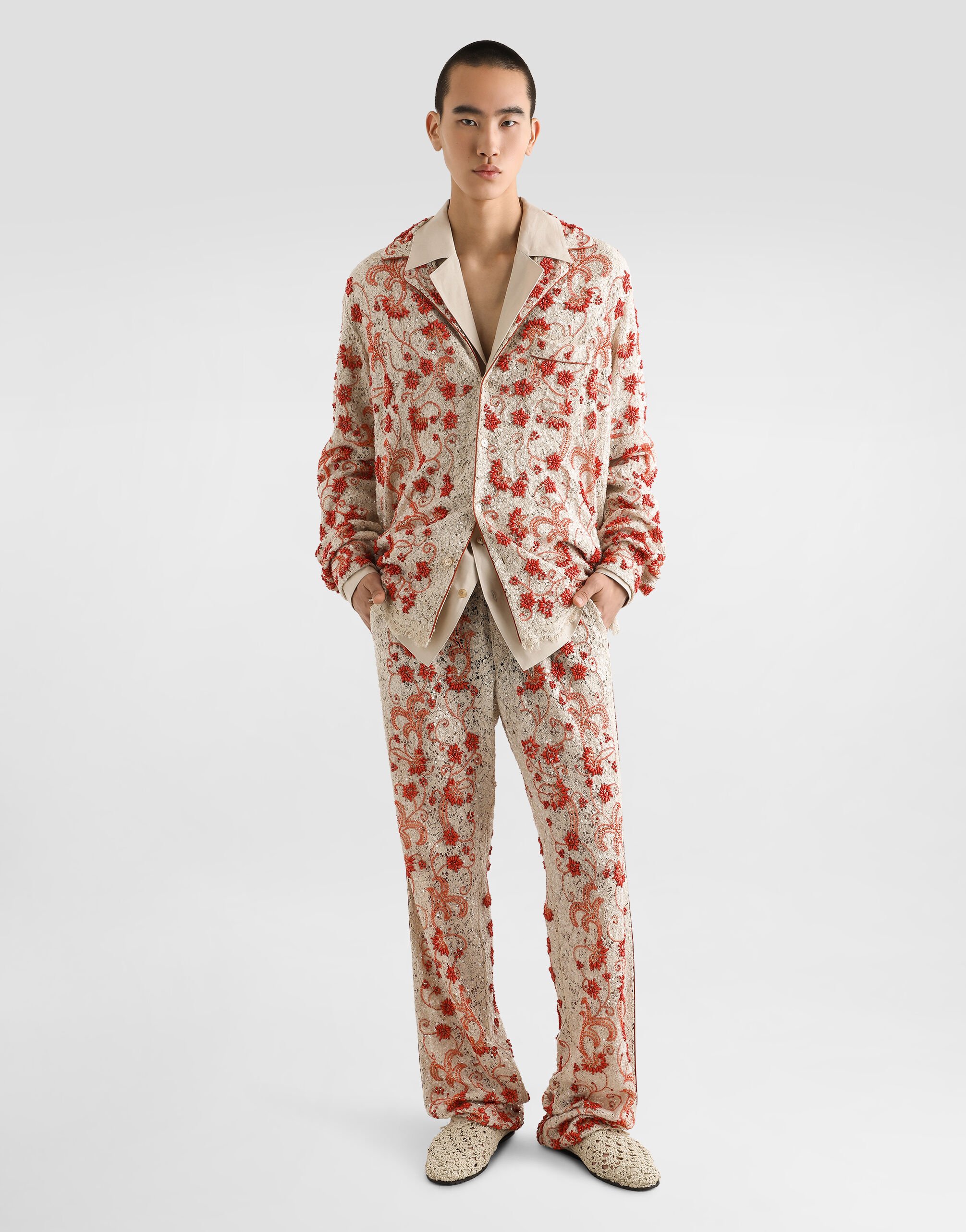 DOLCE & GABBANA 長袖Vネックシャツ G5MX5TFU4MC M0722 Beigeのメンズ リネン ロングスリーブ Vネック シャツ