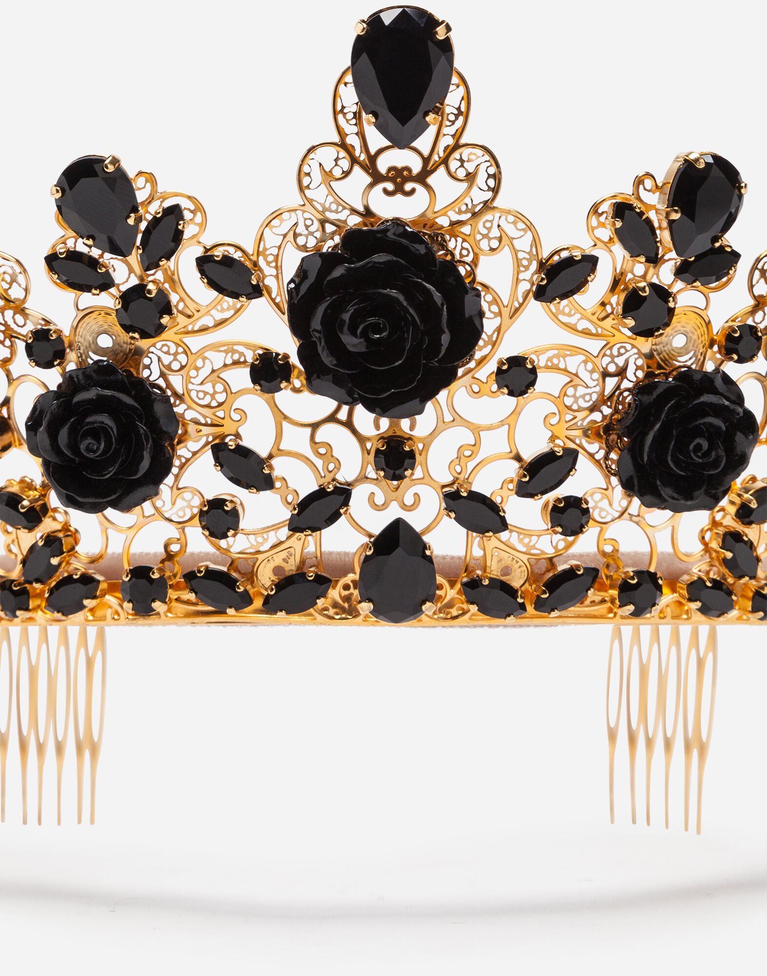 Tiara with resin floral embellishment and rhinestones in Black for Women Dolce Gabbana US