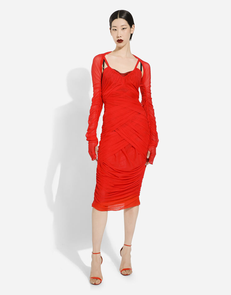 Dolce&Gabbana Drapiertes Longuette-Kleid aus Tüll Rot F6DJTTFLRC2