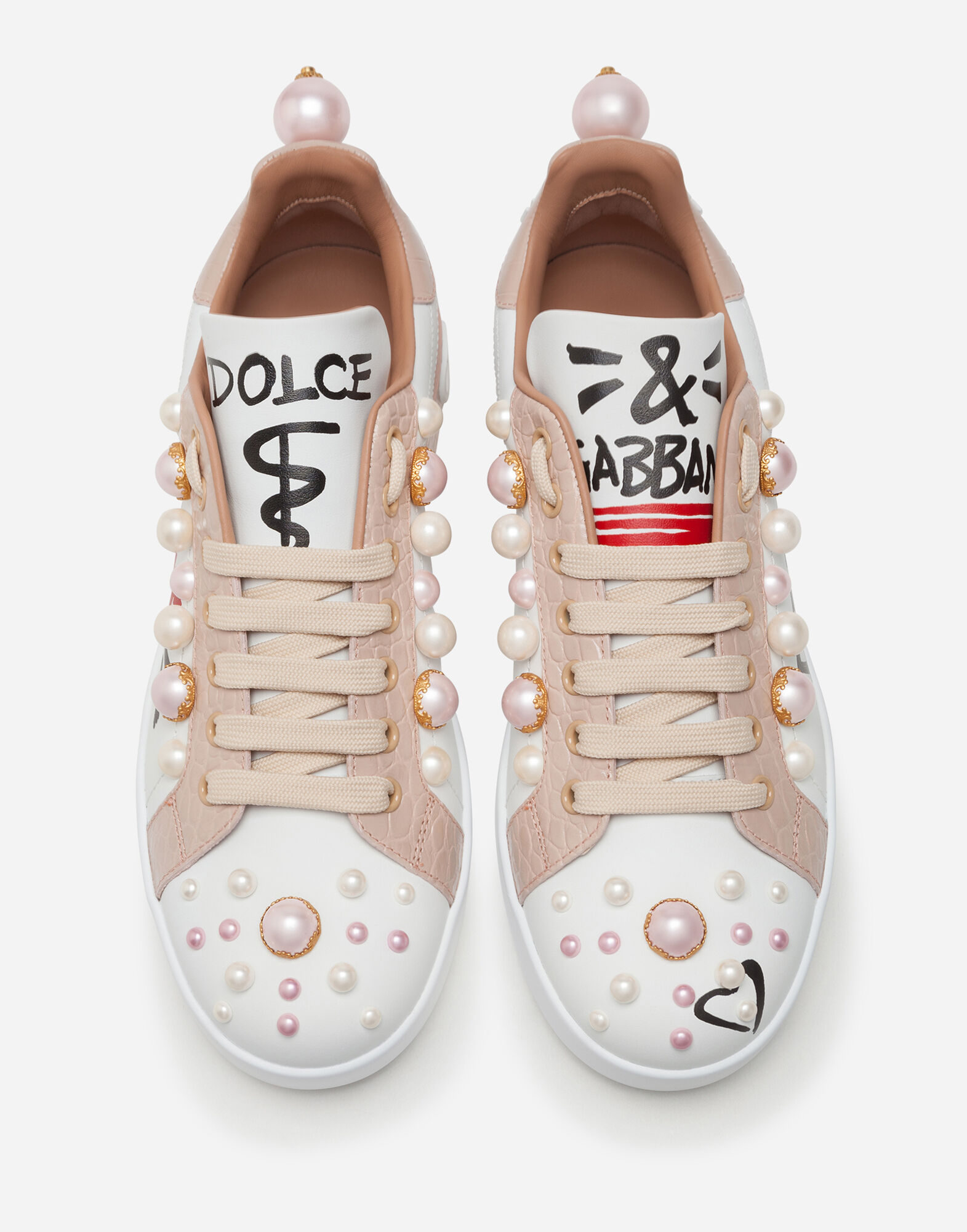 Printed nappa calfskin Portofino sneakers with pearl embroidery
