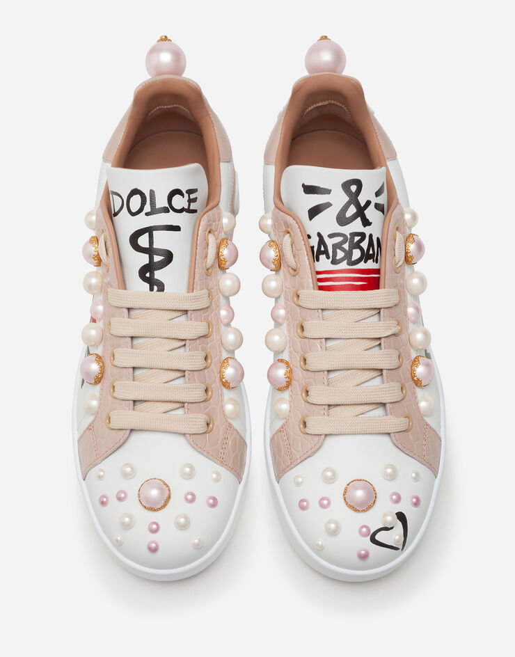 Dolce & Gabbana Printed nappa calfskin Portofino sneakers with pearl embroidery BLANCO CK1544AX330
