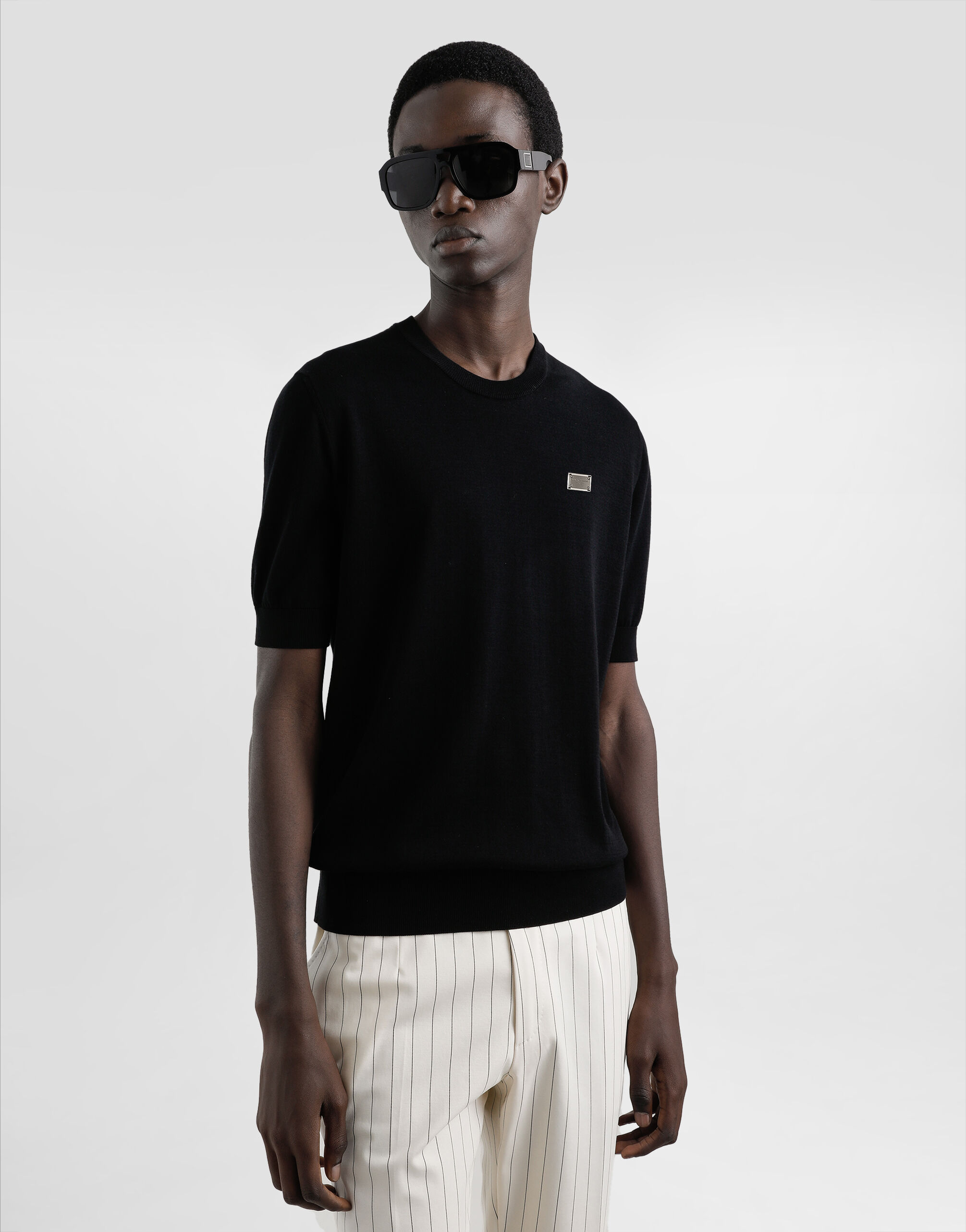 Cotton round-neck sweater with tag in Black for Men