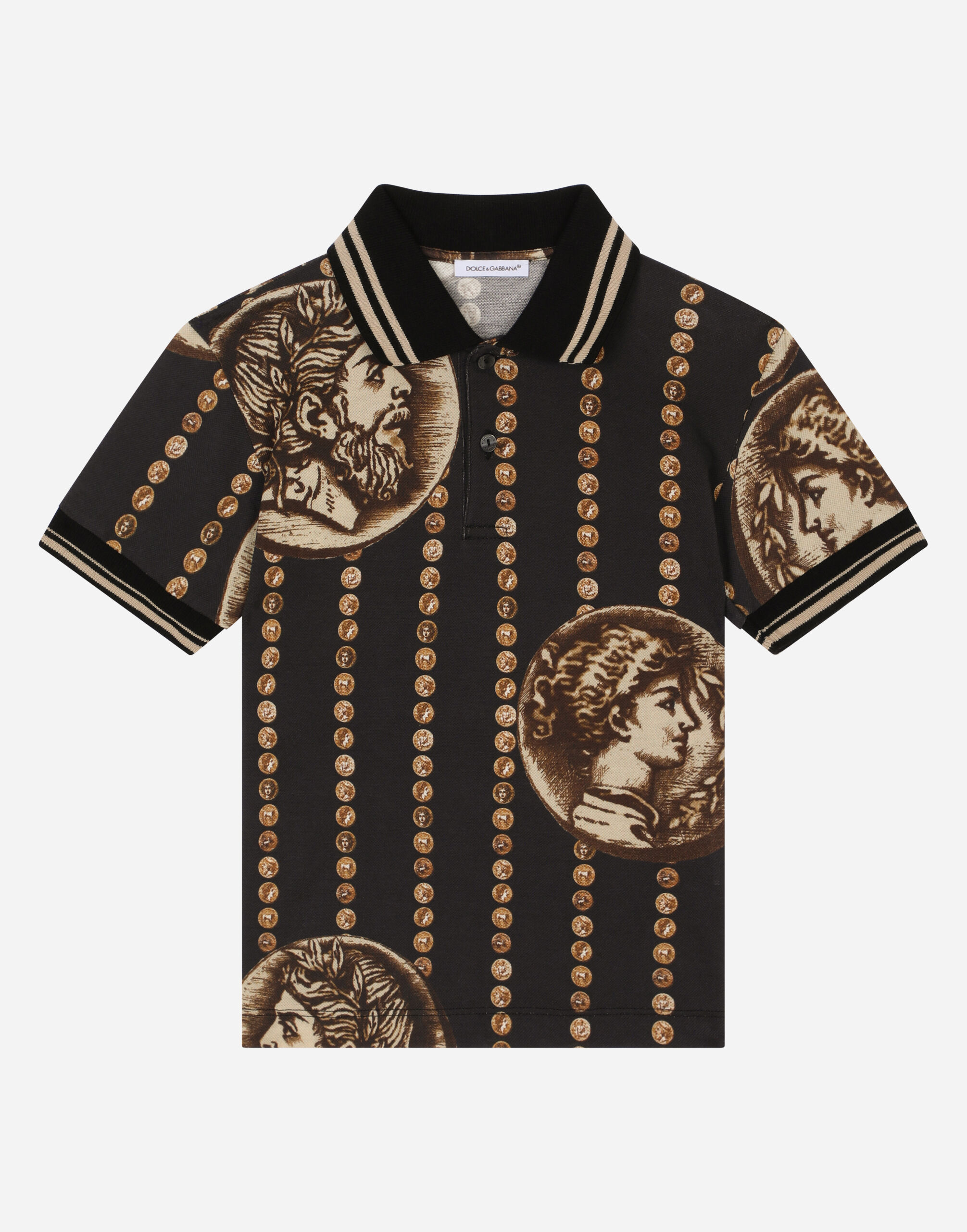 Dolce & Gabbana Short-sleeved polo-shirt in coin-print cotton piqué Black L4JTEYG7K8Z