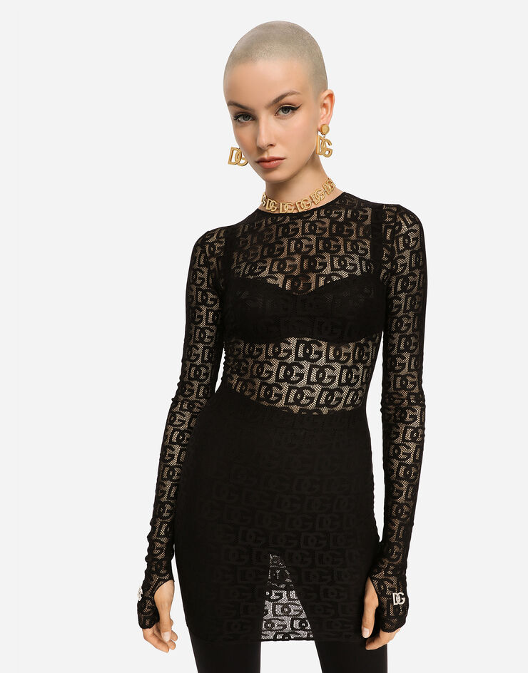 Dolce & Gabbana Short tulle dress with all-over DG logo Black F6ATTTFLEAQ