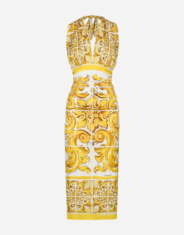 Dolce & Gabbana Robe midi en charmeuse de soie à imprimé majoliques et laçage sur la nuque Imprimé F6ADLTHH5A0