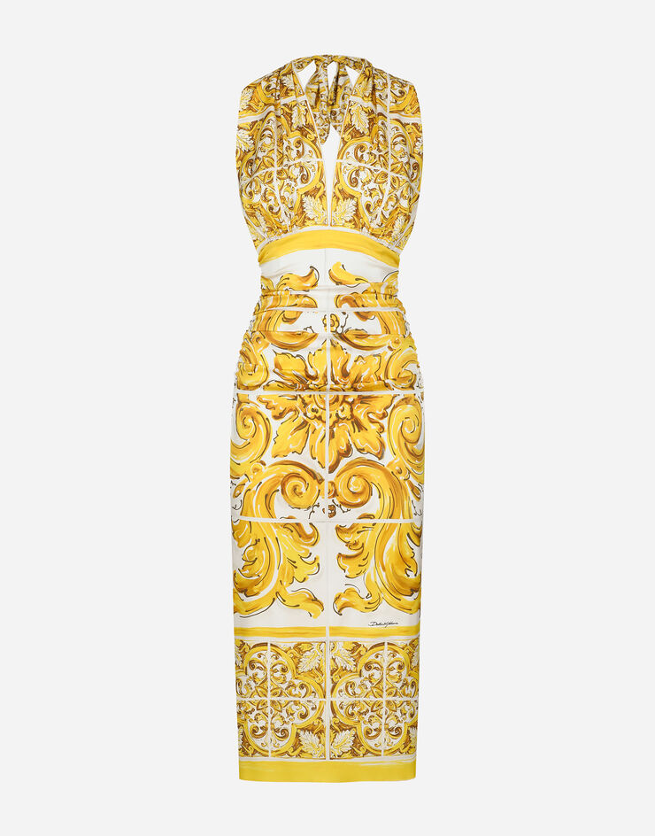 Dolce & Gabbana Midikleid mit Verschluss im Nacken aus Seidencharmeuse Majolika-Print Drucken F6JDGTFHAA4
