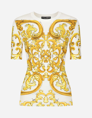 Dolce & Gabbana 마욜리카 프린트 반소매 스트레치 비스코스 스웨터 인쇄 FXX31TJBSJF