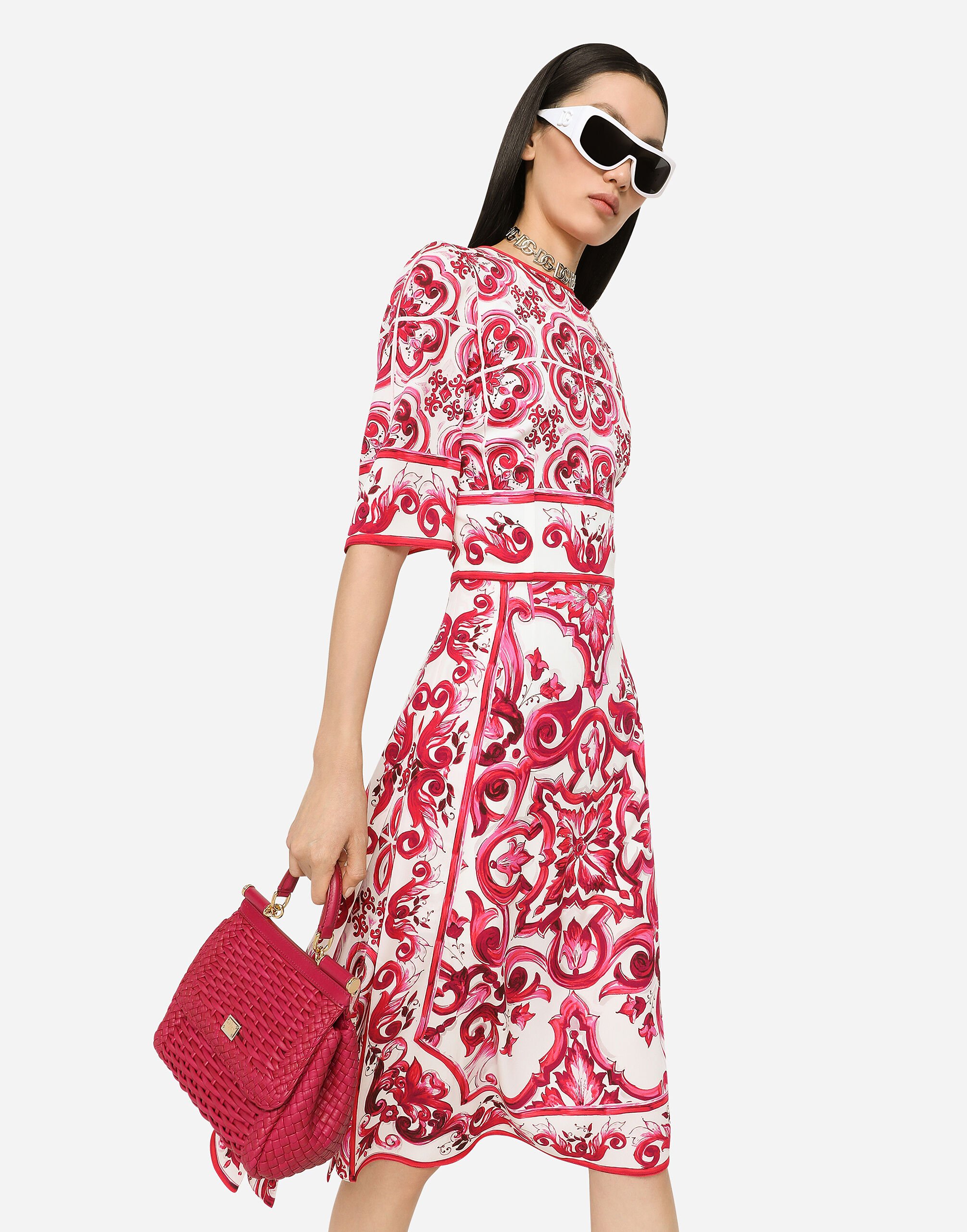 Majolica print silk charmeuse midi dress in Multicolor for Women Dolce Gabbana