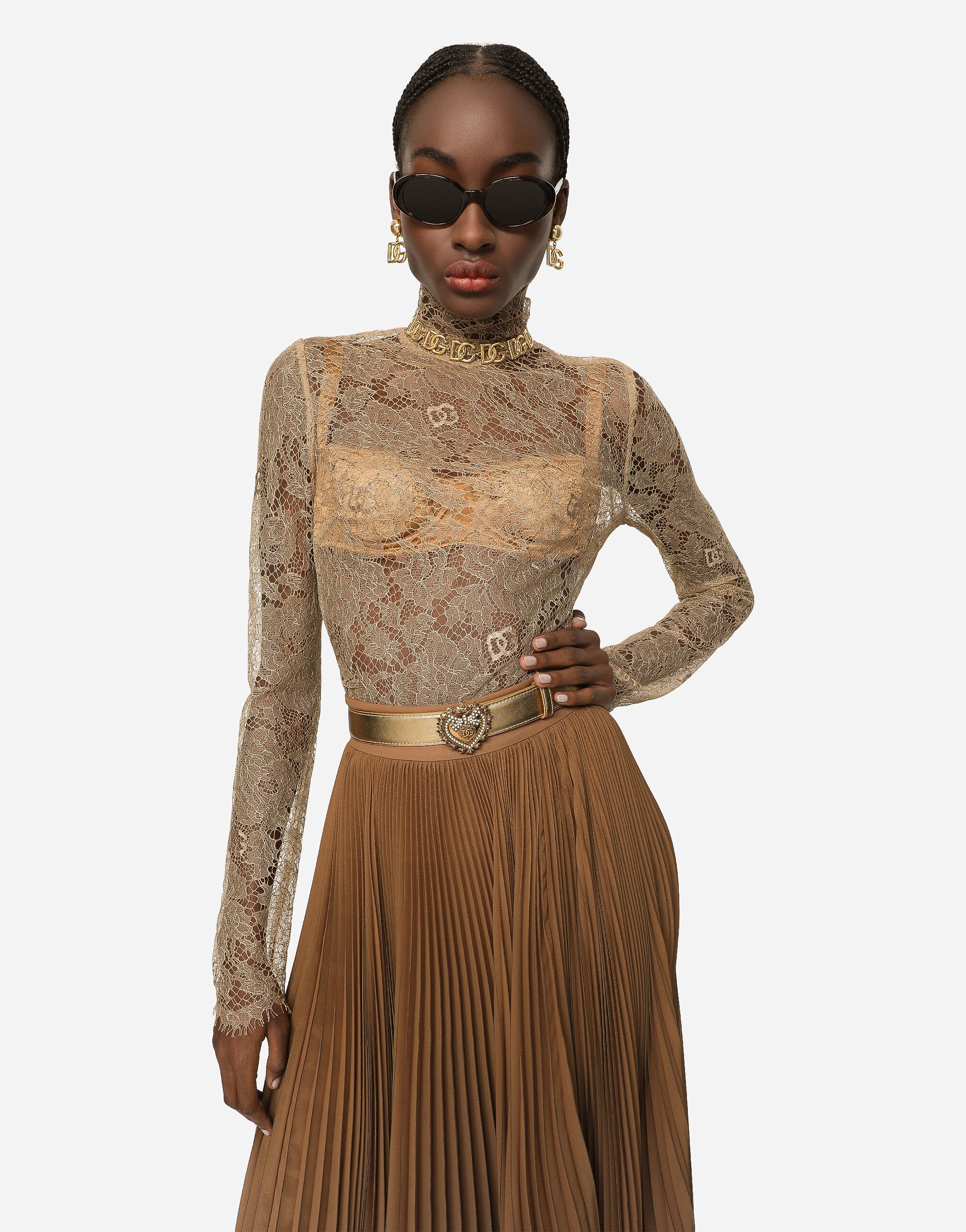 Floral lace turtle neck blouse in Beige for Women Dolce Gabbana US