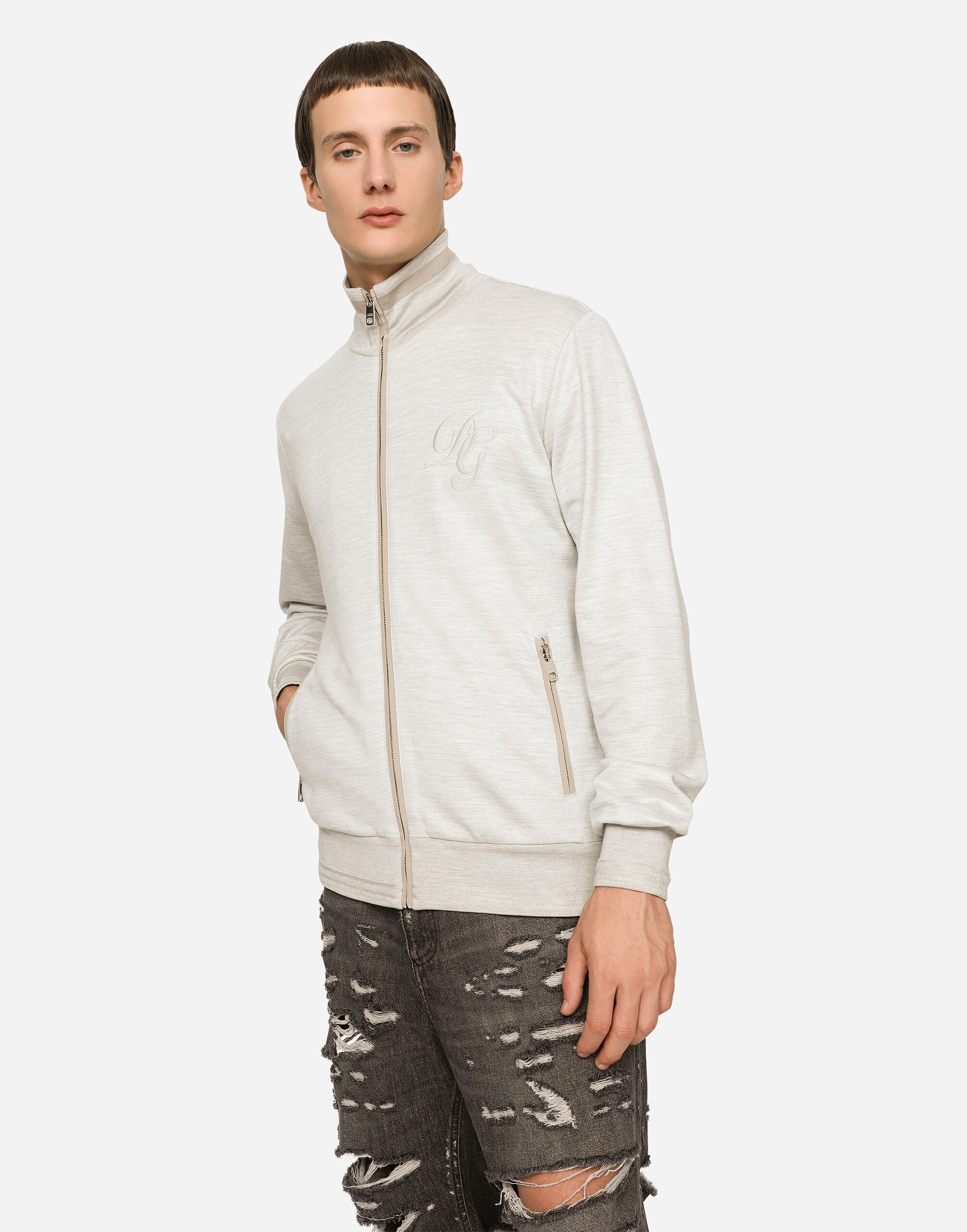 グレーのメンズ Zip-up cotton and silk sweater with embroidery