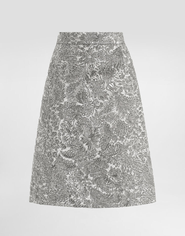 Dolce & Gabbana Rock in Midilänge aus floralem Lamé-Jacquard Silver F4DAGTFJZAL