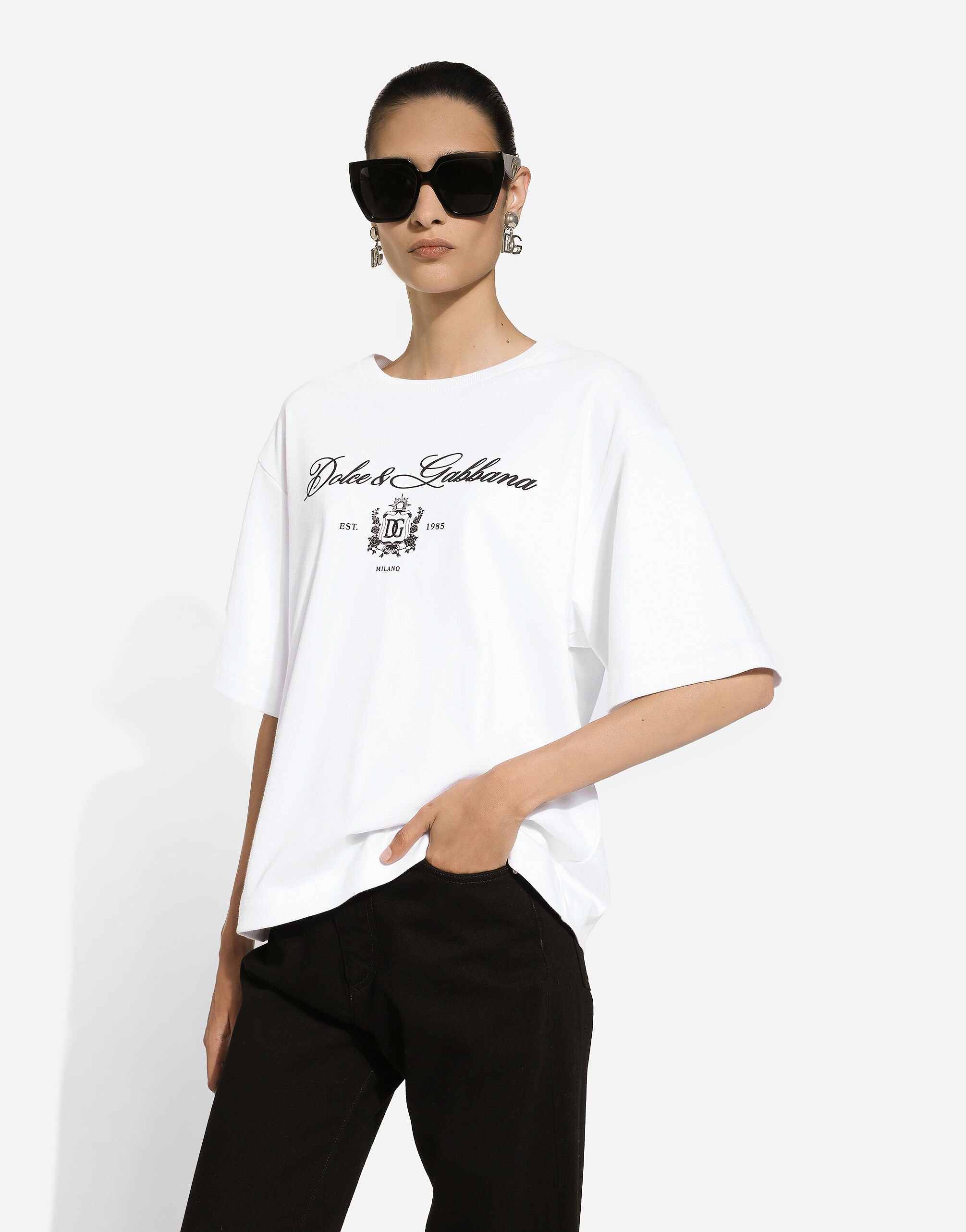 Jersey T-shirt with Dolce&Gabbana logo lettering in White