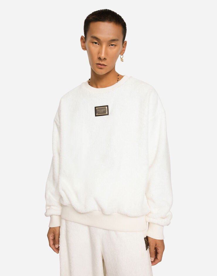 Dolce & Gabbana Sudadera de cuello redondo en rizo con placa con logotipo Blanco G9WU8THU7OC