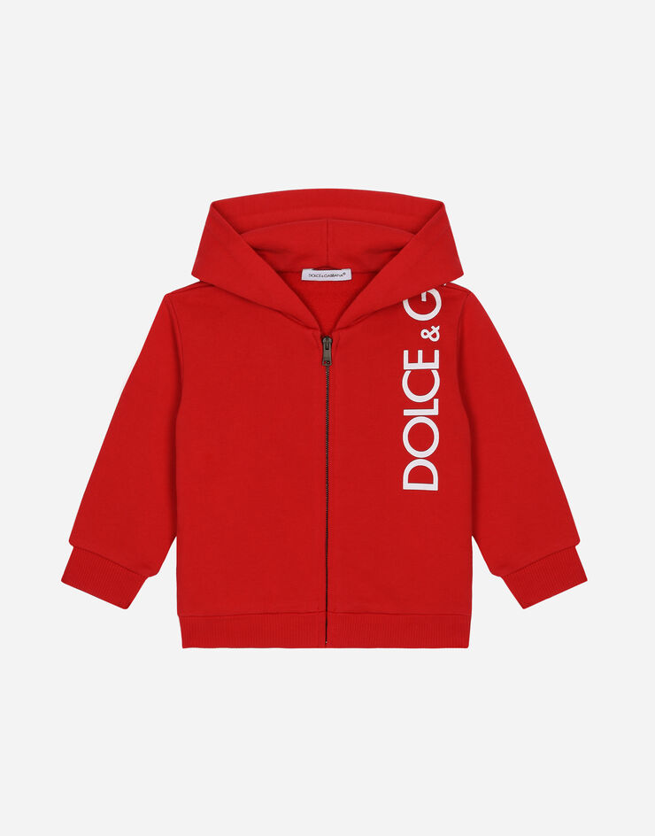 Dolce & Gabbana Felpa zip con cappuccio jersey stampa logo Rosso L1JWHMG7IXP