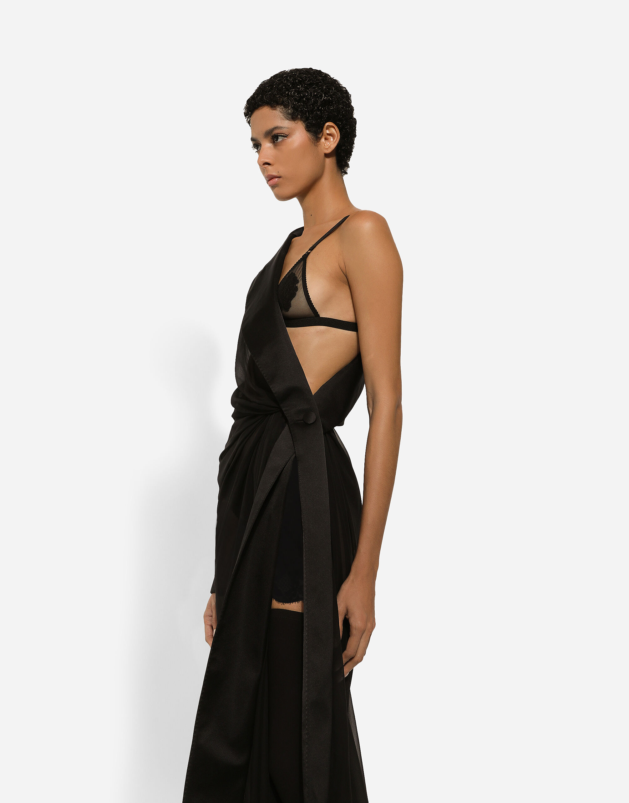 Long chiffon one-shoulder dress in Black for Women