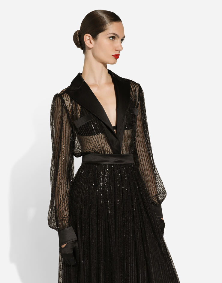 Dolce & Gabbana Longuette-Hemdblusenkleid im Smokingstil aus paillettenbesetztem Tüll Schwarz F6JOKTILMA3