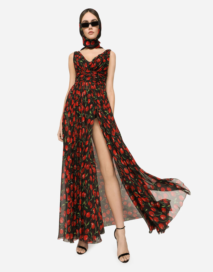 Dolce&Gabbana Langes Chiffonkleid Kirschenprint Mehrfarbig F6BDETIS1QA