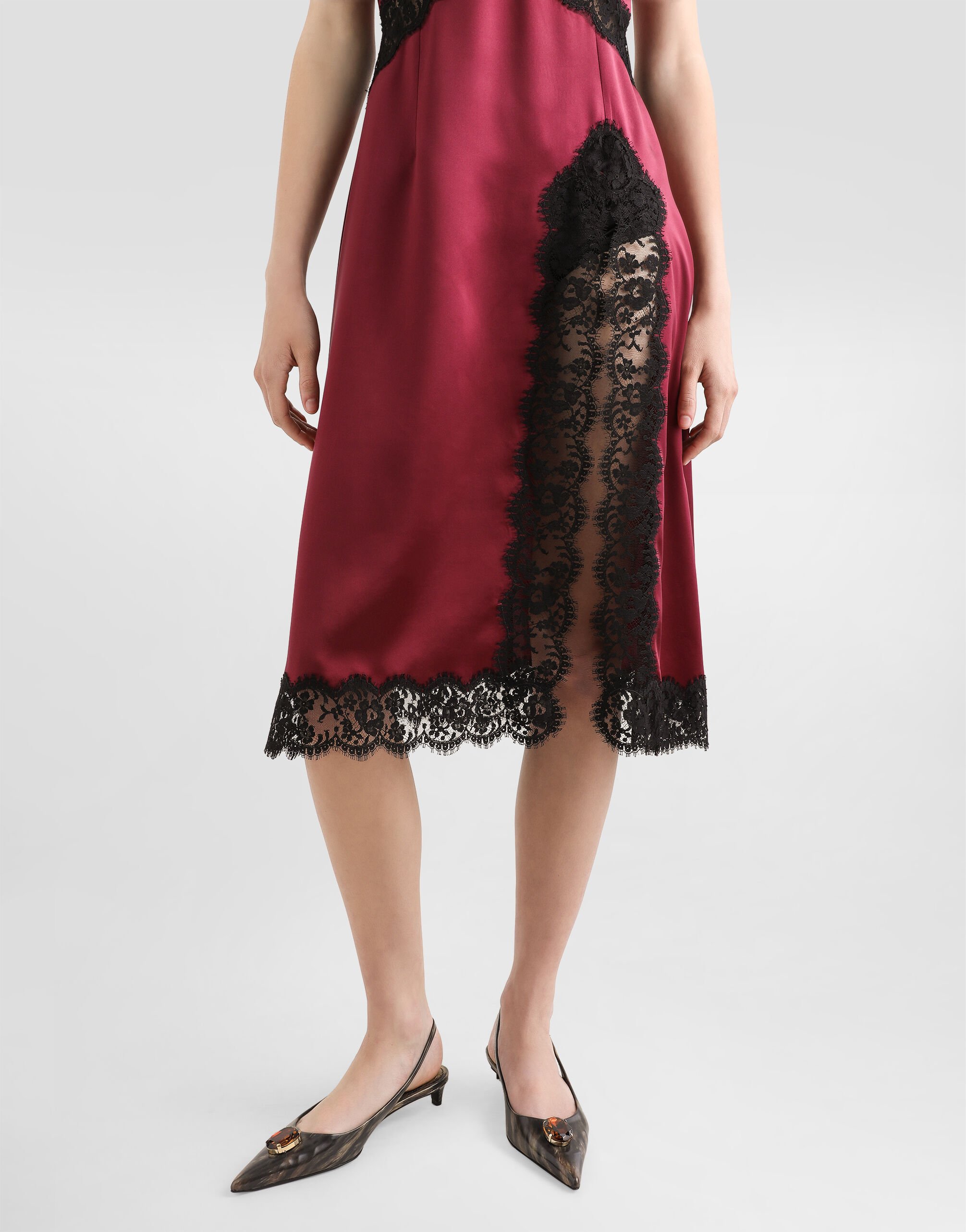 Silk satin slip dress with lace trims in Bordeaux for Women | Dolce&Gabbana®