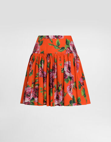 Dolce & Gabbana Short cotton skirt with antique rose print Print F4CFATHS5TI