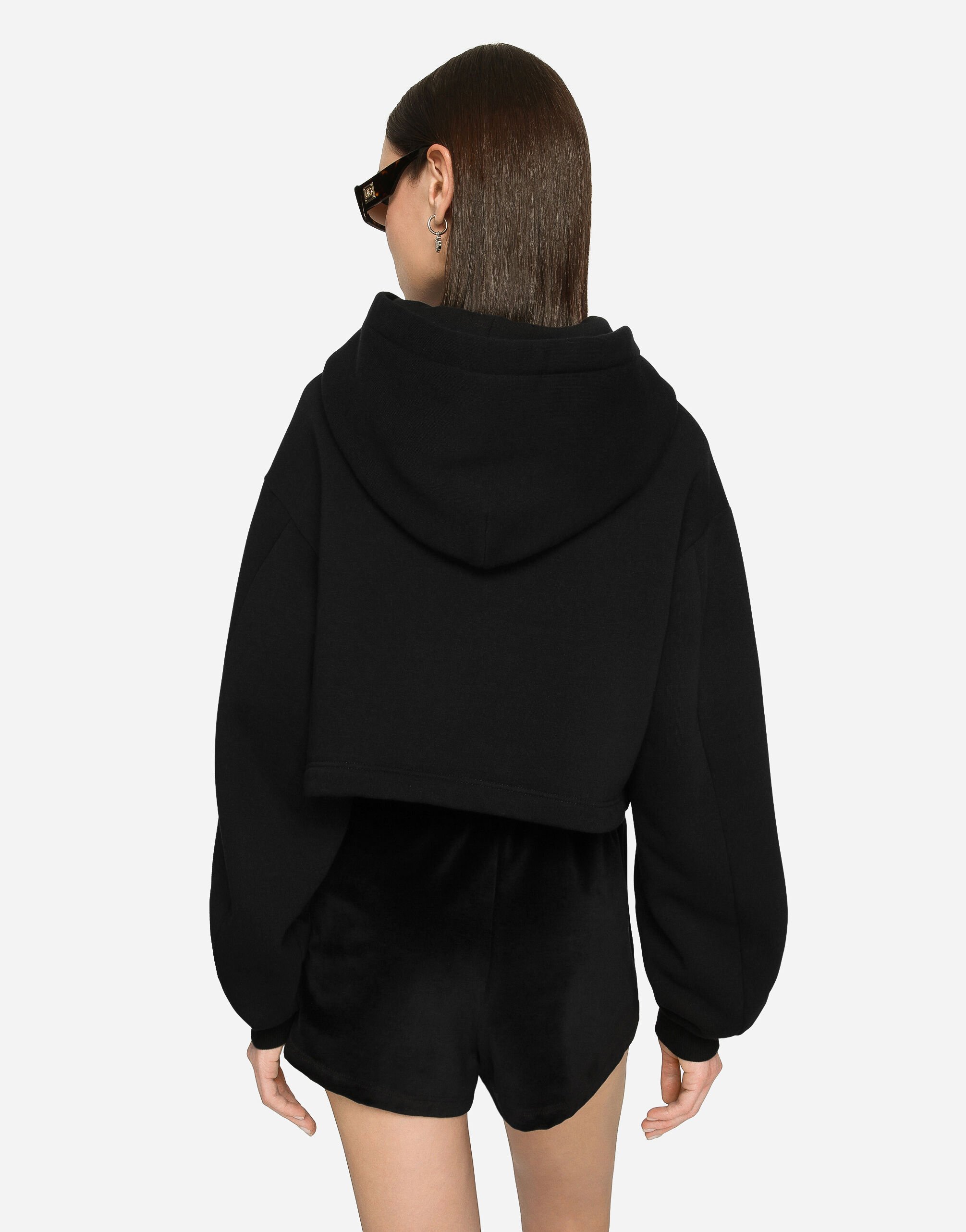 Cropped jersey hoodie with embroidered DG patch in Black for Women