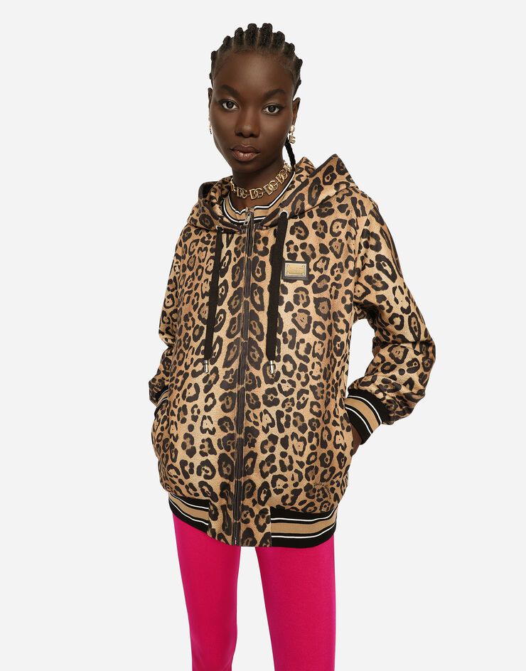 Zip-up jersey hoodie with leopard print in Multicolor for for Women ...