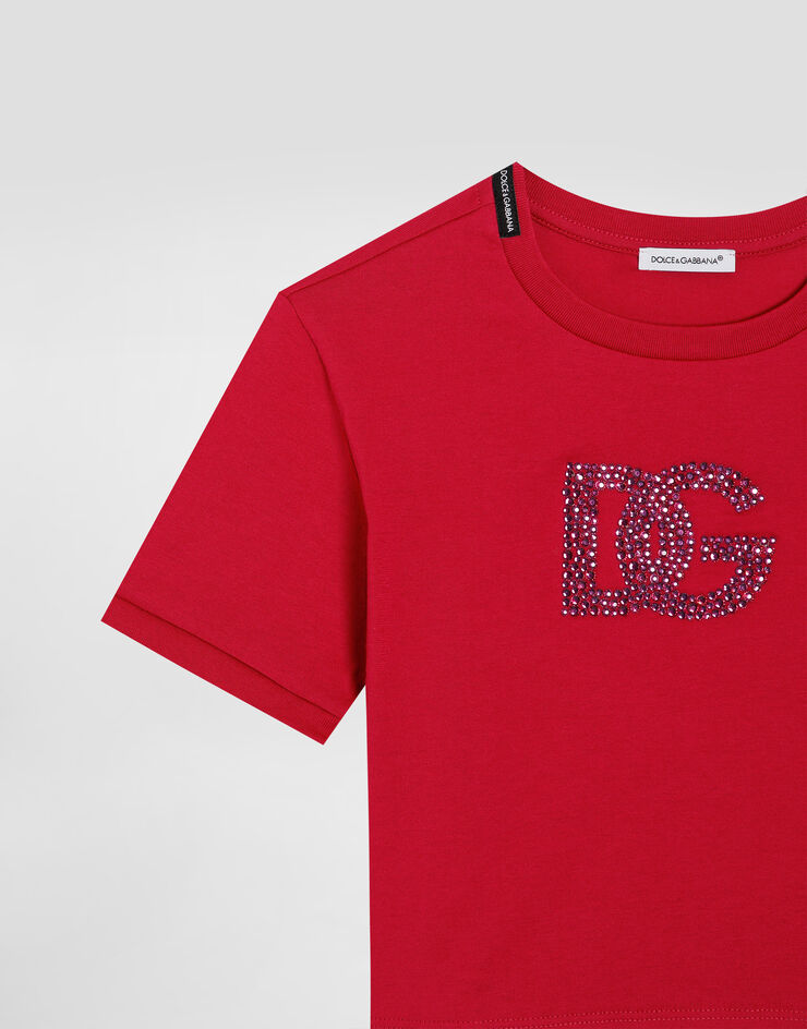 Dolce&Gabbana Jersey T-shirt with rhinestone logo Fuchsia L5JTLKG7J6P