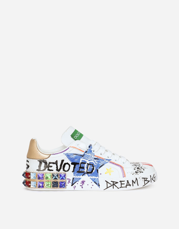 Calfskin Portofino sneakers with embroidery and lettering in White for Women Dolce Gabbana US