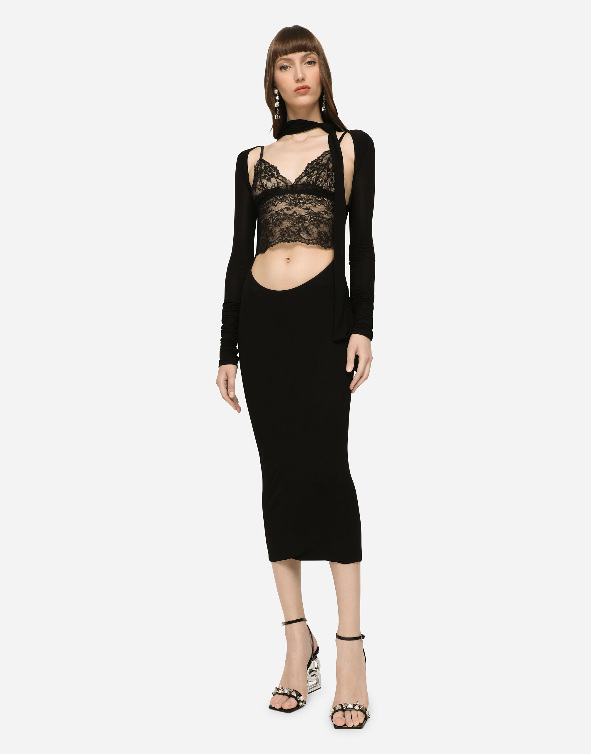 Jersey calf length dress with cut out and pussy bow in Black for Women Dolce Gabbana US