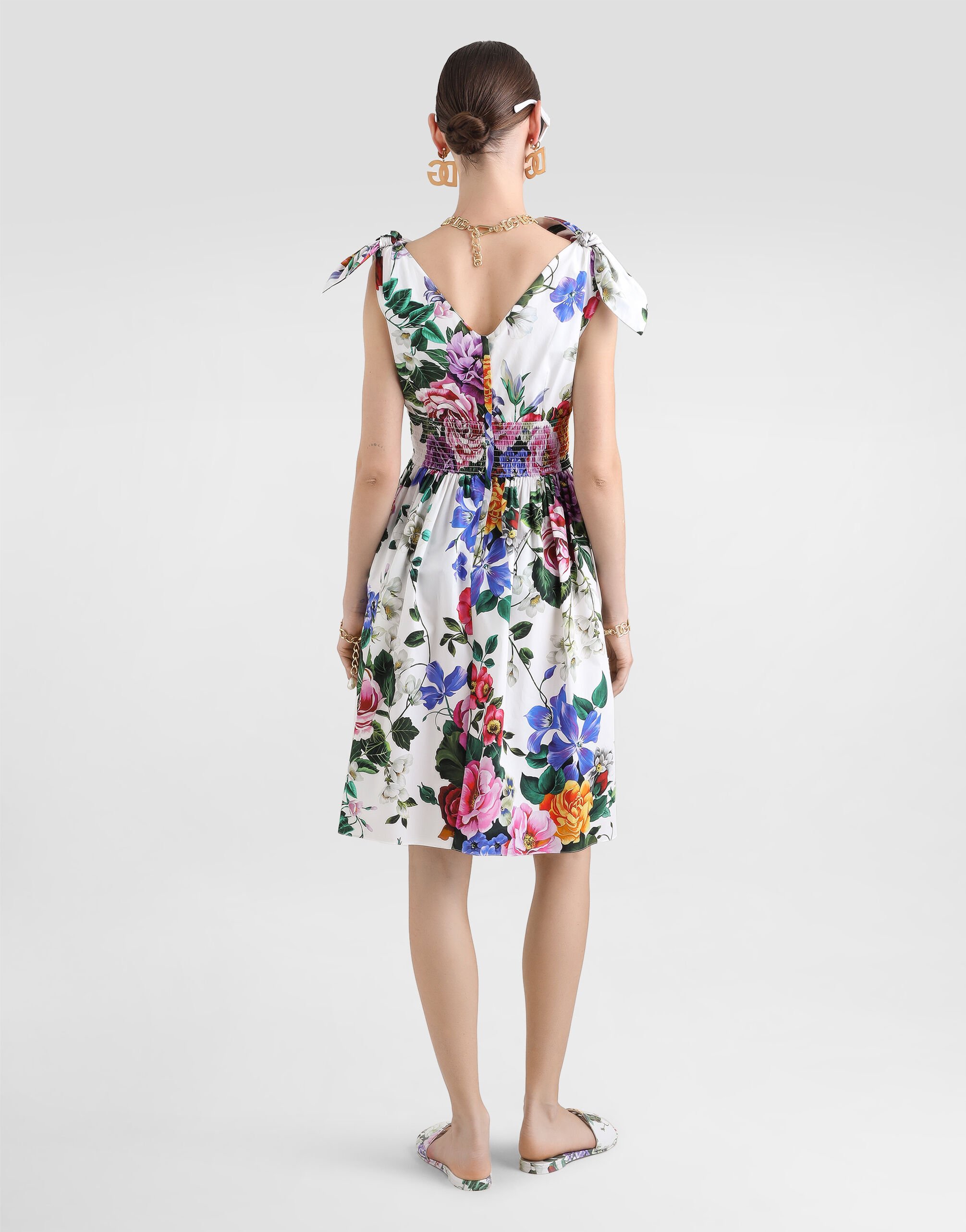 Cotton midi dress with floral print and tie details in Print
