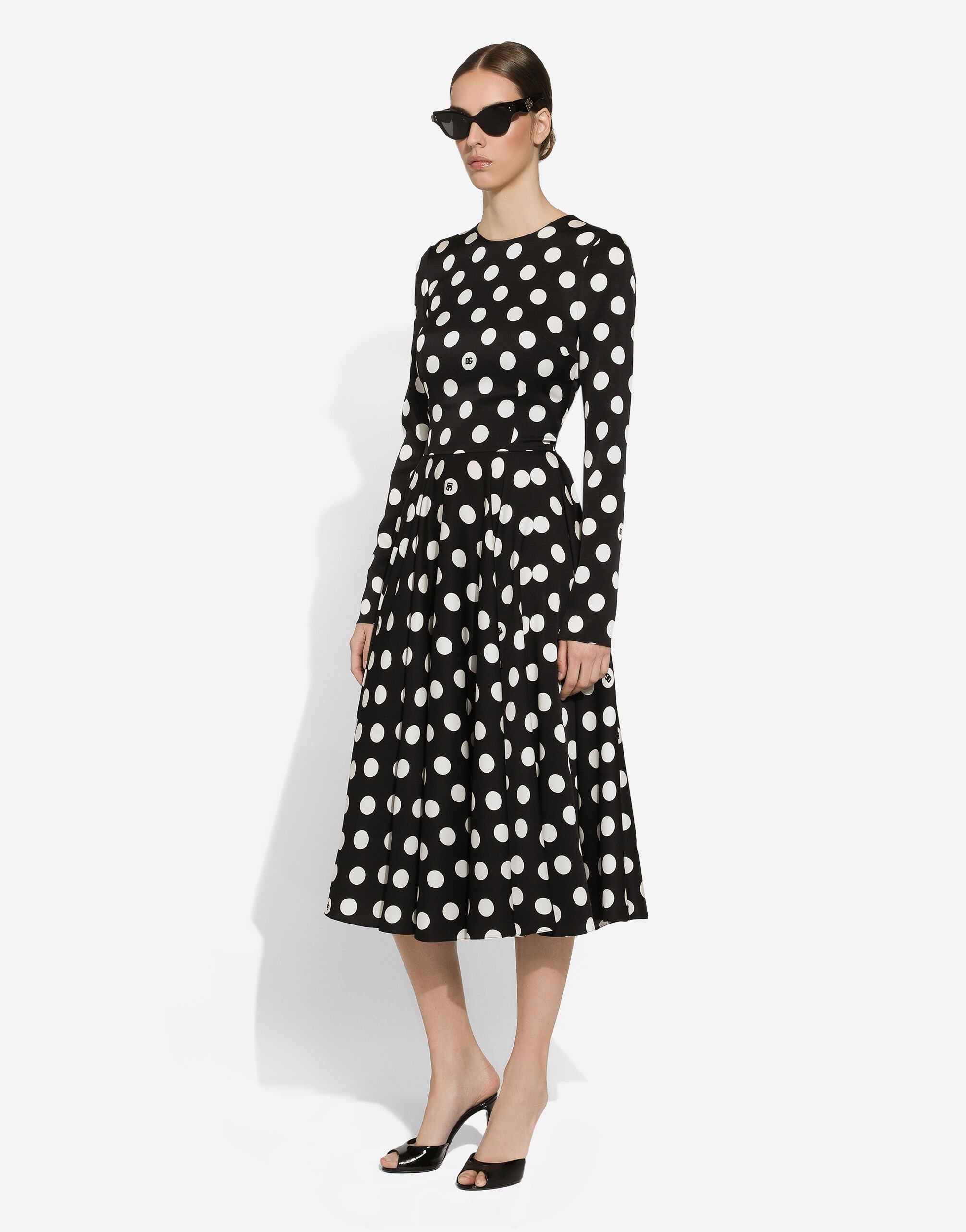 Charmeuse calf-length circle-skirt dress with polka-dot