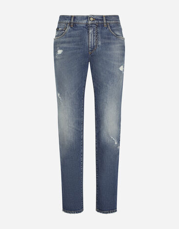 Dolce & Gabbana Light blue slim-fit stretch jeans with abrasions Black GXS28TJDMS9
