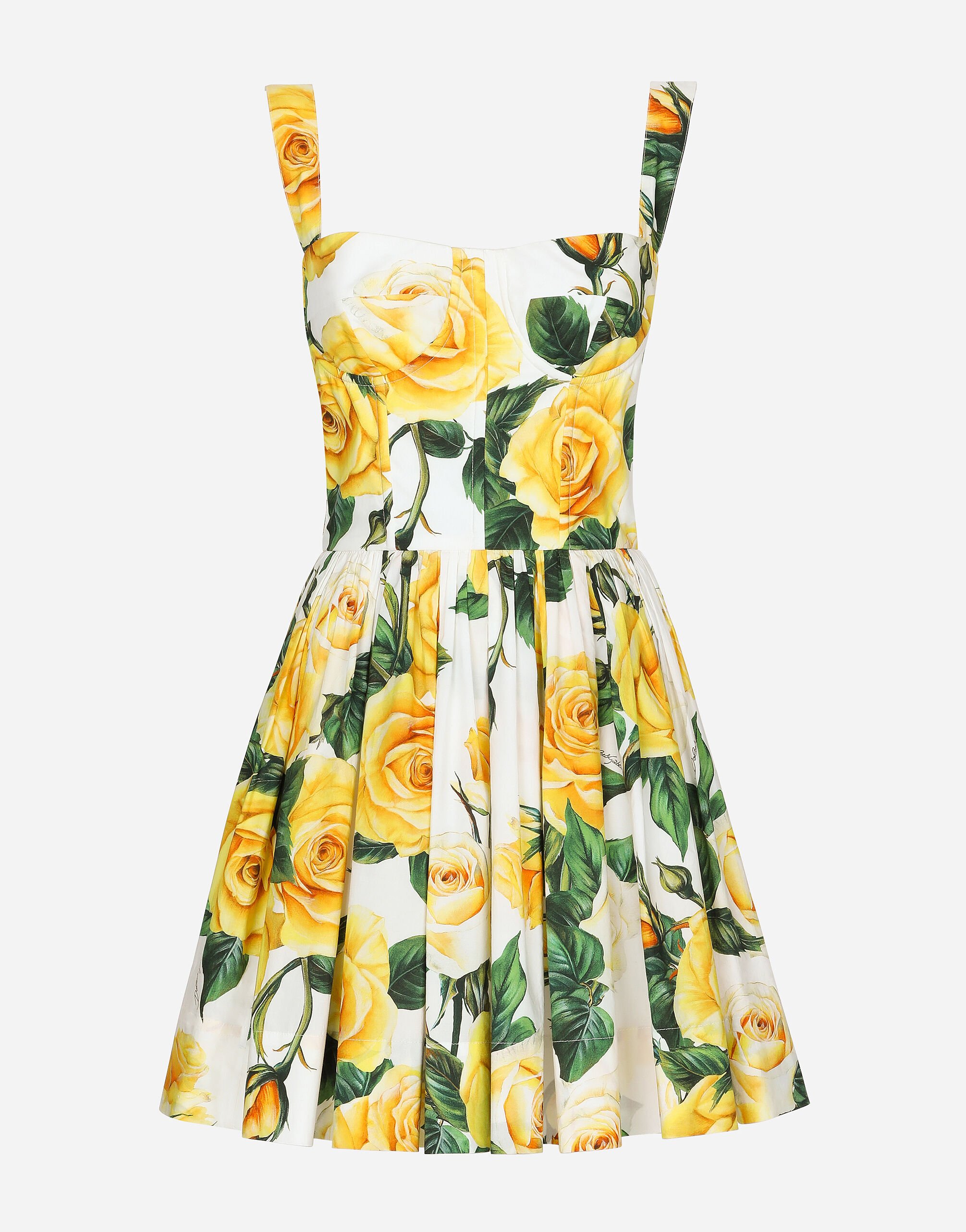 Dolce & Gabbana Vestido corsetero corto de algodón con estampado de rosas amarillas Estampado F6GAZTHS5Q0