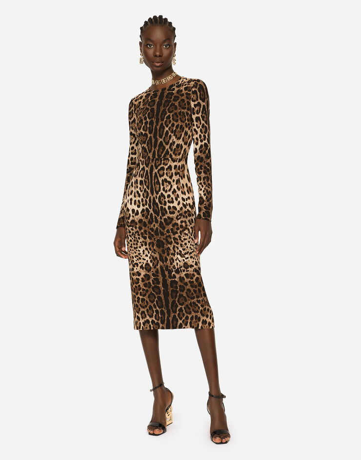 Dolce & Gabbana Vestido de manga larga en cady con estampado de leopardo Estampado Animalier F6ZJ7TFSRKI