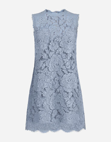 Dolce & Gabbana Langes A-Linien-Kleid ohne Ärmel aus floraler Spitze mit DG-Logo Azurblau F6ATYTHLM7L