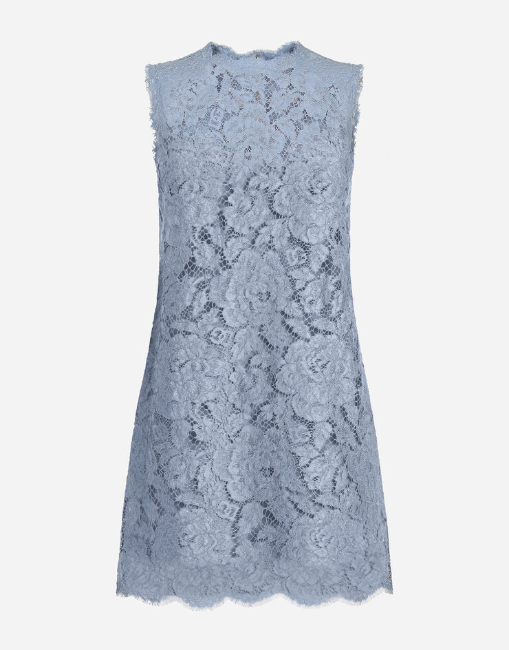 Dolce & Gabbana Langes A-Linien-Kleid ohne Ärmel aus floraler Spitze mit DG-Logo Azurblau F6ATYTHLM7L