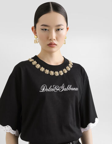 Dolce & Gabbana jersey t-shirt with embroidery and jewel chains Black F8V62ZGDC9U