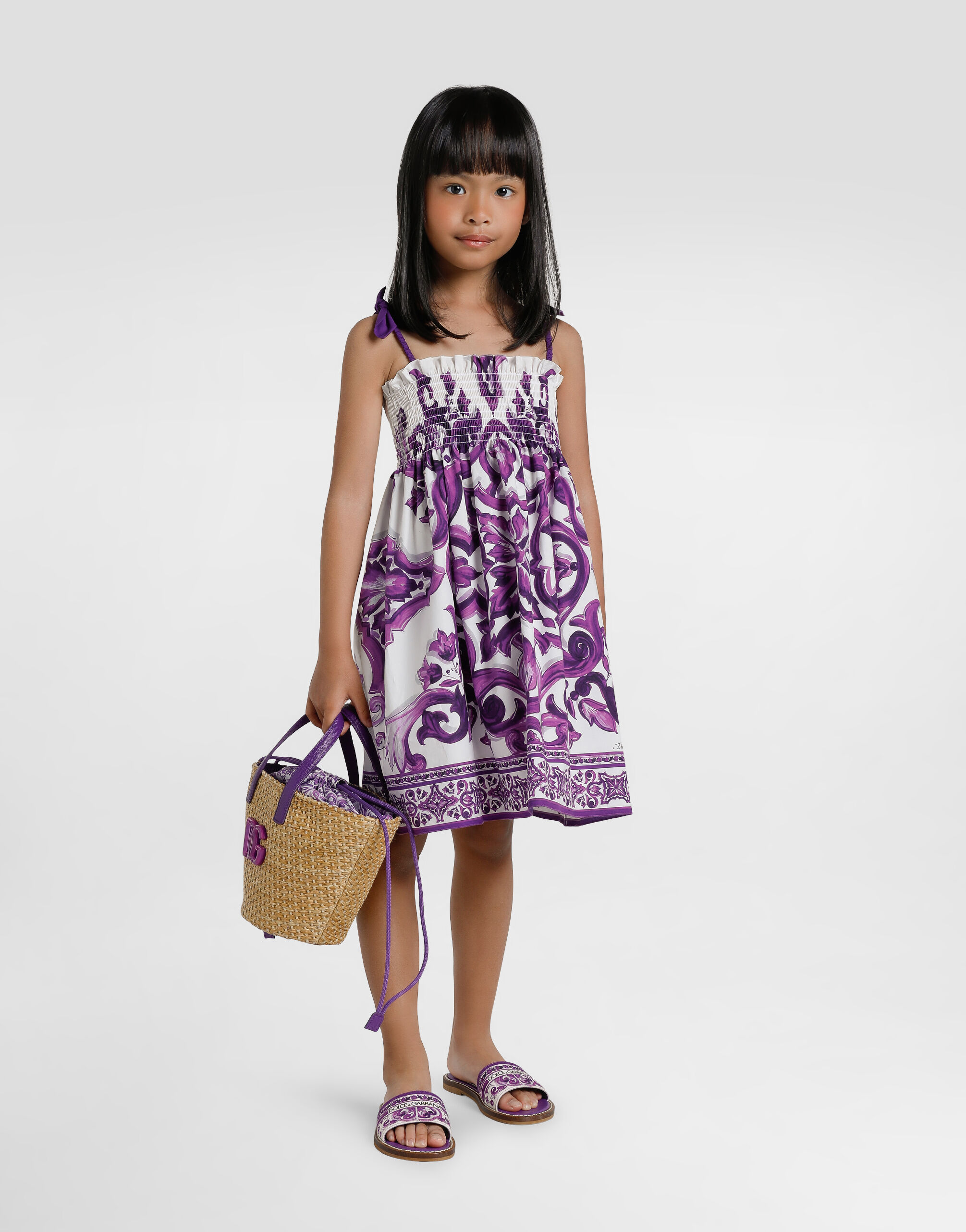 Majolica-print sleeveless poplin dress in Multicolor for Girls