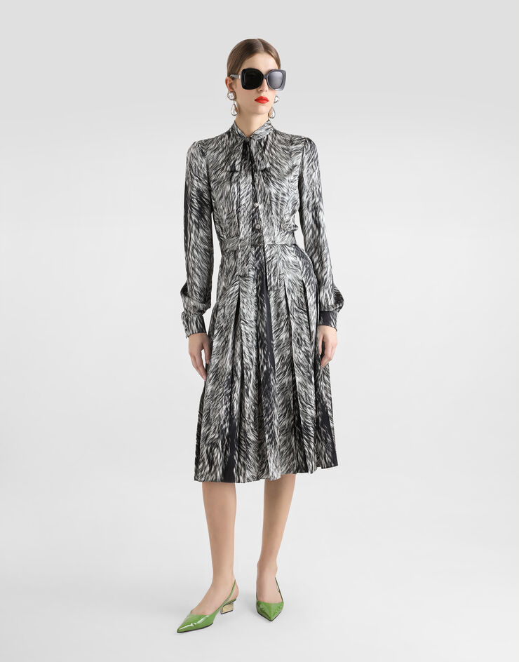 Dolce & Gabbana Fur-print calf-length shirt dress with pussy-bow Grey F6JQUTFSA7K