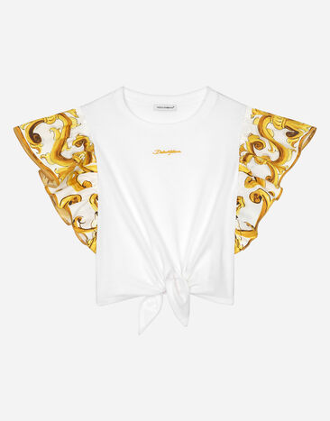 Dolce & Gabbana T-Shirt aus Jersey mit gelbem Majolika-Print und Dolce&Gabbana-Logo Weiss L5JTOBG7NZL