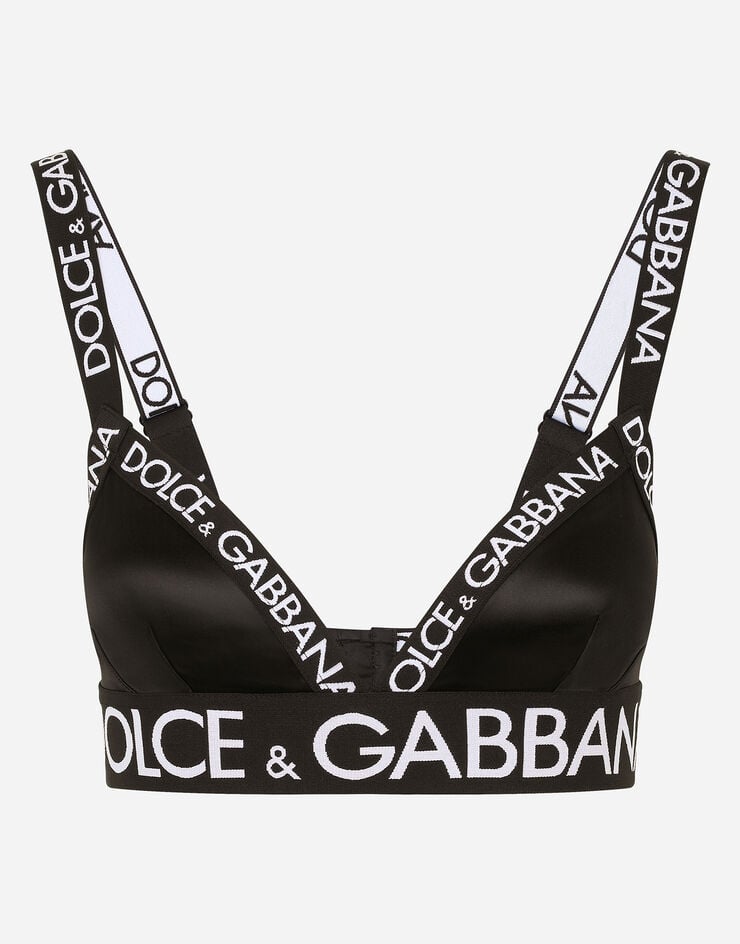 Dolce & Gabbana 로고 신축 밴드 새틴 트라이앵글 브라 블랙 O1B99TFURAD